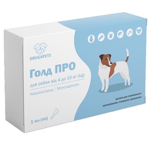 Голд ПРО DRUG4PETS капли от блох, клещей и глистов для собак весом 4-10 кг, 1 пипетка по 1 мл