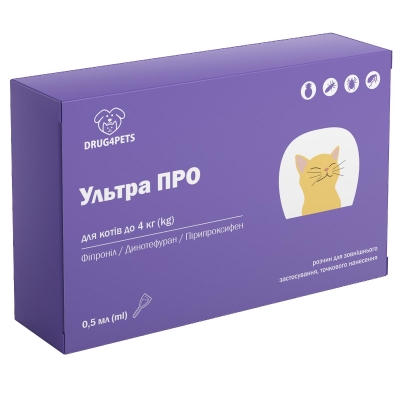 Ультра ПРО DRUG4PETS капли от блох и клещей для кошек весом до 4 кг, 1 пипетка по 0,4 мл