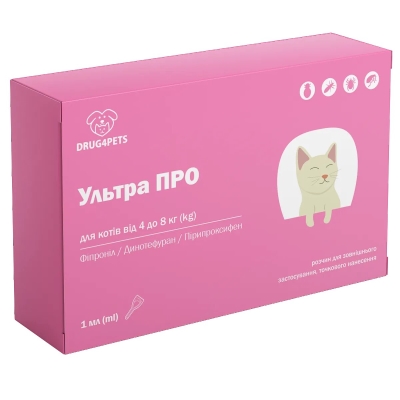 Ультра ПРО DRUG4PETS капли от блох и клещей для кошек весом 4-8 кг, 1 пипетка по 0,8 мл