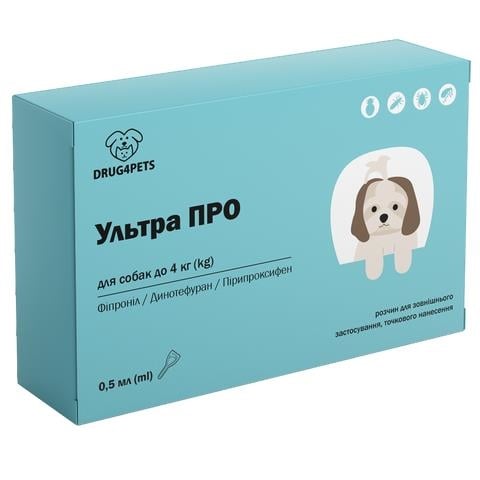 Ультра ПРО DRUG4PETS капли от блох и клещей для собак весом до 4 кг, 1 пипетка по 0,4 мл
