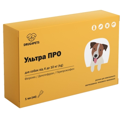 Ультра ПРО DRUG4PETS капли от блох и клещей для собак весом 4-10 кг, 1 пипетка по 1 мл
