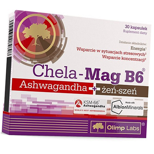 Магній В6 з ашвагандою та женьшенем Olimp Chela-Mag B6 Ashwagandha+Ginseng, 30 капсул