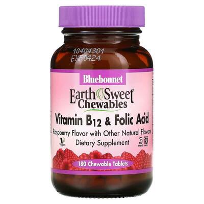 Витамин В12 и Фолиевая кислота Bluebonnet Nutrition Earth Sweet Chewables, вкус малины, жевательные таблетки №180