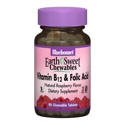 Витамин В12 и Фолиевая кислота Bluebonnet Nutrition Earth Sweet Chewables, вкус малины, жевательные таблетки №90