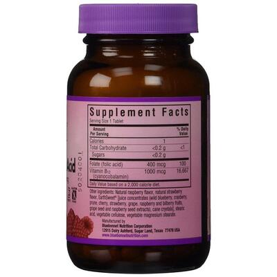 Витамин В12 и Фолиевая кислота Bluebonnet Nutrition Earth Sweet Chewables, вкус малины, жевательные таблетки №90