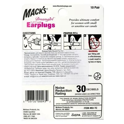 Беруші вкладки вушні MACK`S Dreamgirl Earplugs Safe Sound for Her 93 для неї, рожеві до 30 дБ, 10 пар