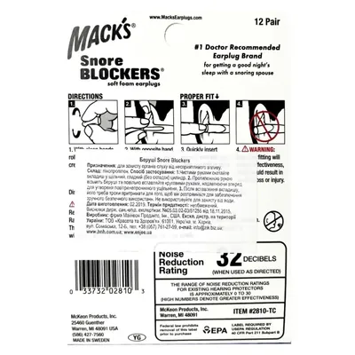 Беруші вкладки вушні MACK`S Snore Blockers 2810 захист від шуму до 32 дБ, салатові, 12 пар