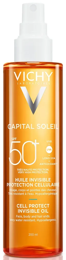 Олійка Vichy Capital Soleil SPF50+ сонцезахисна водостійка для шкіри обличчя, тіла та кінчиків волосся, 200 мл