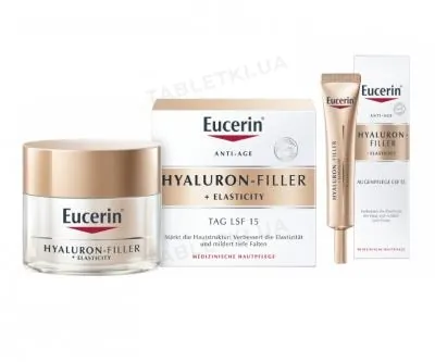 Набір Eucerin Hyaluron-Filler + Elasticity антивіковий крем для шкіри навколо очей SPF15 15 мл + крем денний SPF15 50 мл (95680-57794-00)