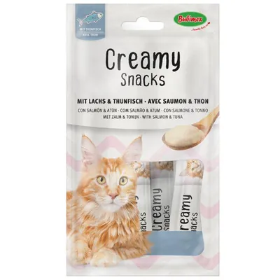 Ласощі Bubimex Creamy Snacks with Salmon and Tuna Снеки кремові з лососем та тунцем для котів, 4 стіки по 60 г
