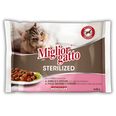 Набір Morando Migliorgatto Sterilized вологий корм для стерилізованих котів ягня/курка та індичка (4 шт по 85 г)