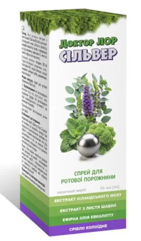 Доктор ЛОР Сільвер спрей для ротової порожнини по 50 мл у флак.