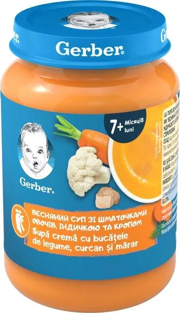 Пюре м'ясо-овочеве Gerber Весняний суп зі шматочками овочів, індичкою та кропом для дітей із 7 місяців, 190 г