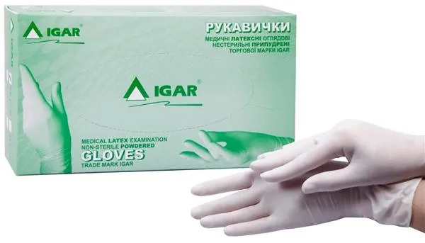 Рукавички оглядові IGAR латексні з пудрою нестерильні, розмір M, 100 штук