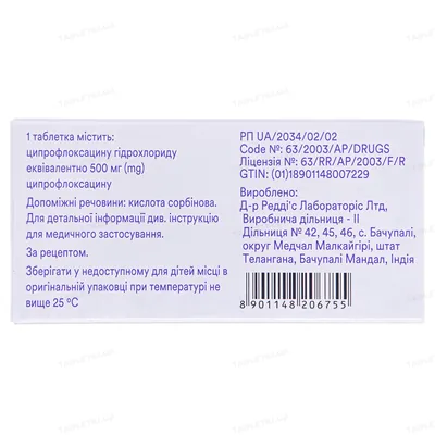 Ципролет таблетки, в/плів. обол. по 500 мг №10