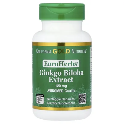 Гінкго Білоба California Gold Nutrition EuroHerbs Gingko Biloba 120 мг, 60 вегетаріанських капсул