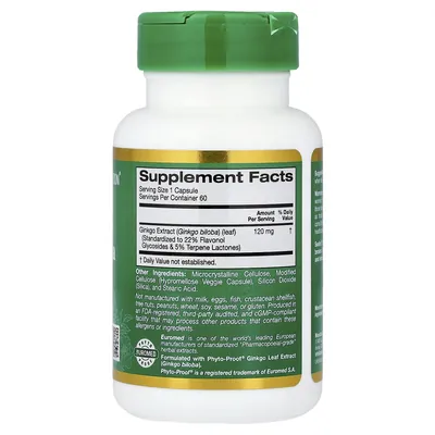 Гінкго Білоба California Gold Nutrition EuroHerbs Gingko Biloba 120 мг, 60 вегетаріанських капсул
