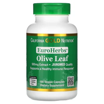 Екстракт листя оливи California Gold Nutrition EuroHerbs Olive Leaf Extract 500 мг, 180 вегетаріанських капсул
