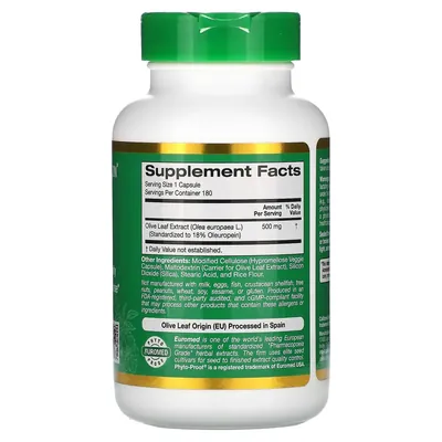 Екстракт листя оливи California Gold Nutrition EuroHerbs Olive Leaf Extract 500 мг, 180 вегетаріанських капсул