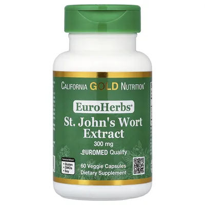 Звіробій California Gold Nutrition EuroHerbs St. John's Wort 300 мг, 60 вегетаріанських капсул