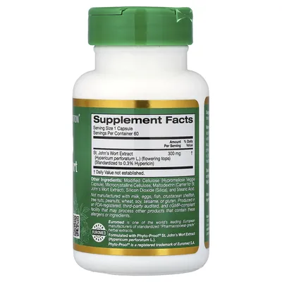 Звіробій California Gold Nutrition EuroHerbs St. John's Wort 300 мг, 60 вегетаріанських капсул