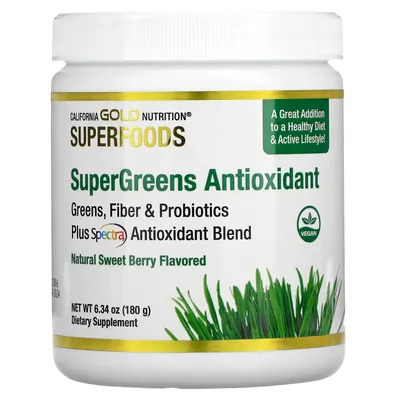Комплекс антиоксидантів із суперзелені California Gold Nutrition Superfood Supergreens Antioxidant, зі смаком солодкої ягоди, 180 г