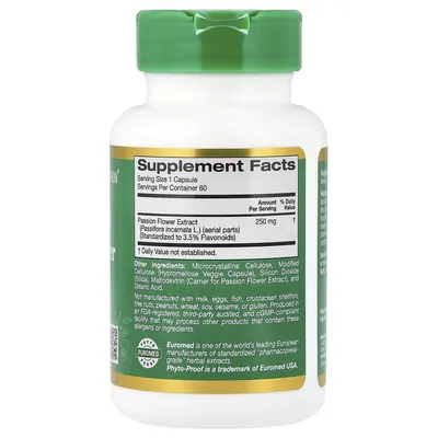 Пасифлора California Gold Nutrition EuroHerbs Passion Flower 250 мг, 60 вегетаріанських капсул