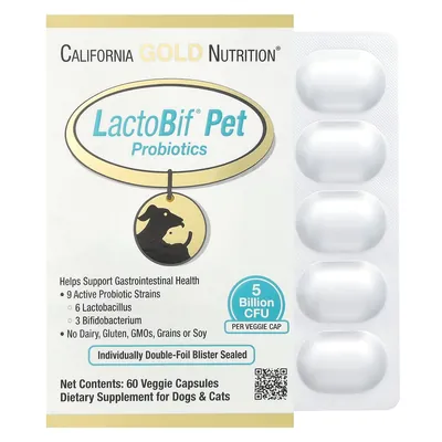 Пробіотик для котів і собак California Gold Nutrition LactoBif Pet 5 млрд КУО, 60 вегетаріанських капсул