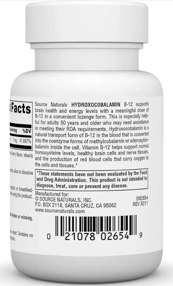 Гідроксокобаламін Вітамін В12 Source Naturals Hydroxocobalamin Vitamin B-12 1 мг, 60 таблеток