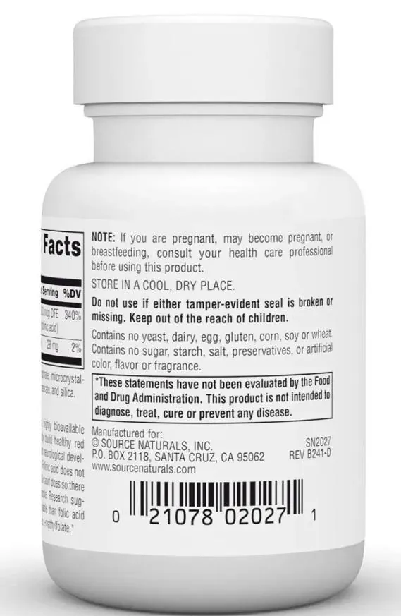 Фолієва кислота біоактивна форма Source Naturals MegaFolinic 800 мкг, 60 таблеток
