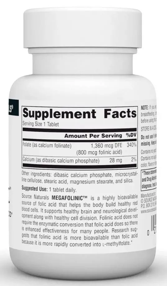 Фолієва кислота біоактивна форма Source Naturals MegaFolinic 800 мкг, 60 таблеток