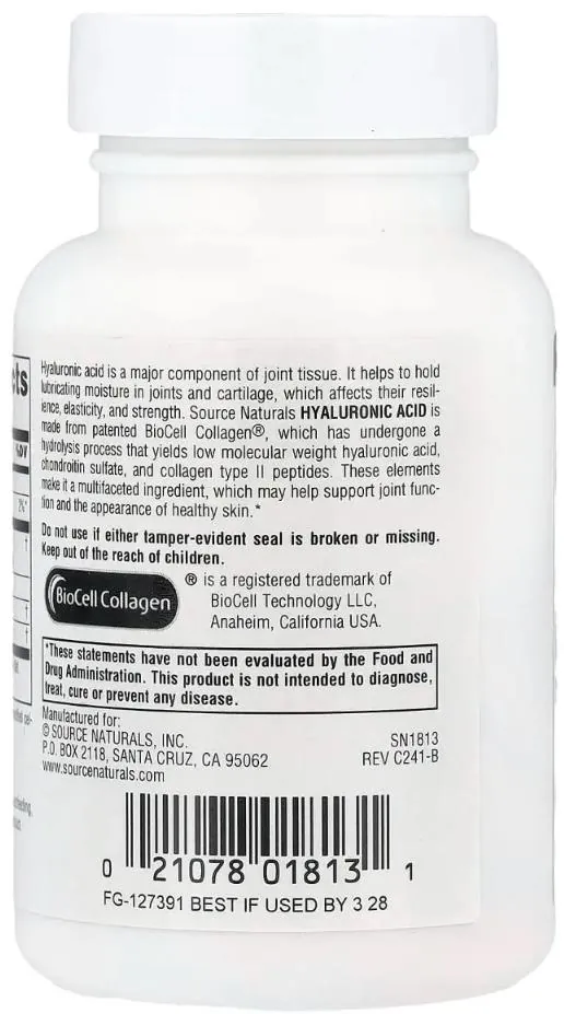 Гіалуронова кислота Source Naturals Hyaluronic Acid 100 мг, 30 таблеток
