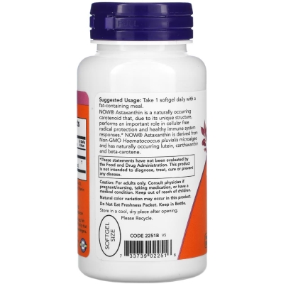 Астаксантин NOW Astaxanthin Extra Strength 10 мг, 60 мягких капсул