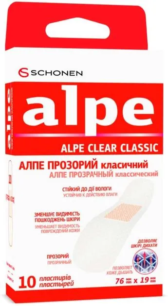 Пластир медичний Alpe Clear Classic на нетканій основі, прозорий, класичний 76 мм х 19 мм, 10 штук