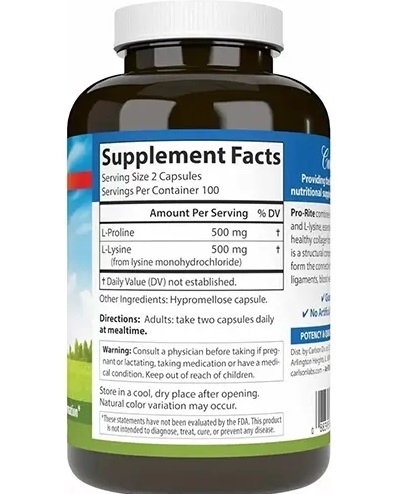 Комплекс аминокислот L- пролин L-Лизин Carlson Labs Pro-Rite (Proline & Lysine), 200 капсул