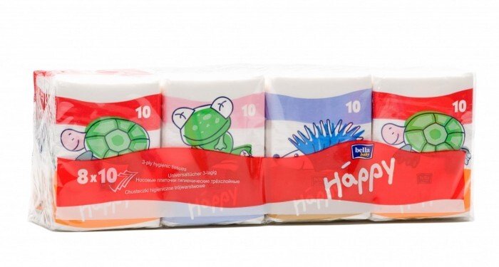 Платки бумажные носовые гигиенические Bella Baby Happy Mini трехслойные, 10 шт x 8 уп