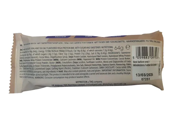 Батончик протеїновий MyProtein Impact Bar темний шоколад з морською сіллю, 64 г