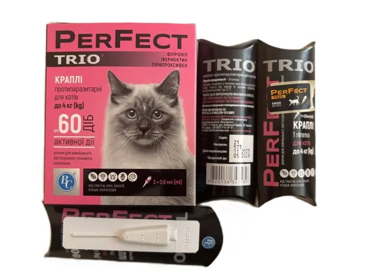 Краплі від бліх та кліщів Perfect Trio для котів до 4 кг, 3 піпетки по 0,6 мл