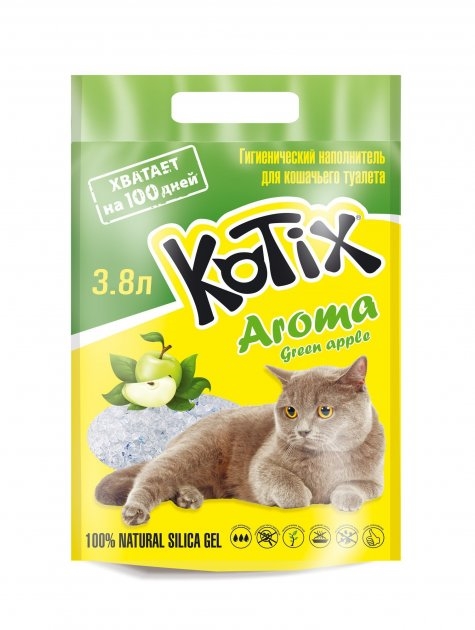 Наполнитель для кошачьего туалета Kotix Green Apple силикагелевый поглощающий, 3,8 л (1,8 кг)