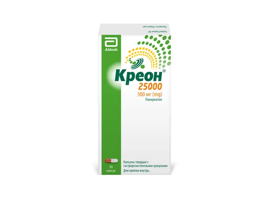 Креон 25000 капсули тв. з гастрорезист. гран. по 300 мг №50 у флак.