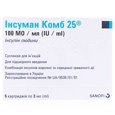 Инсуман комб 25 суспензия д/ин. 100 МЕ/мл по 3 мл №5 в картр., допол. 3 метал. шарик