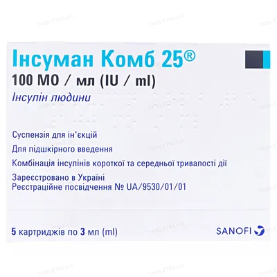 Інсуман комб 25 суспензія д/ін. 100 МО/мл по 3 мл №5 у картр., додат. 3 метал. кульк.