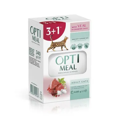 Корм вологий для кішок Optimeal Adult Cats з телятиною в журавлинному соусі, 340 г (4х85 г)