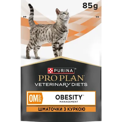 Корм вологий Purina Pro Plan Veterinary Diets OM Obesity Management St/Ox для котів для зниження надлишкової маси тіла з куркою, 85 г х 10
