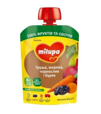 Пюре фруктово-овощное Milupa Груша, морковь, чернослив и свекла для детей с 6 месяцев, 80 г
