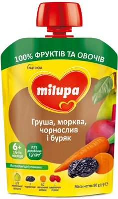 Пюре фруктово-овочеве Milupa Груша, морква, чорнослив і буряк для дітей з 6 місяців, 80 г
