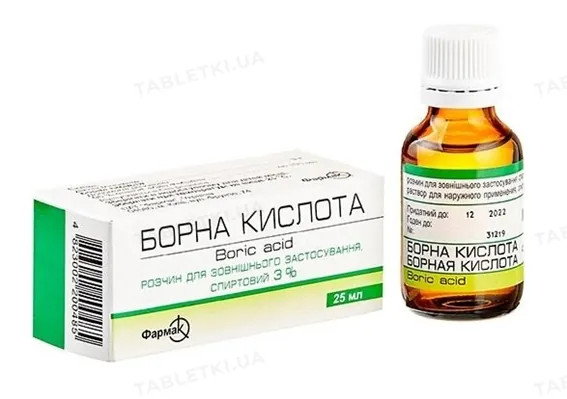 Борна кислота розчин д/зовн. заст., спирт. 3 % по 25 мл у флак.
