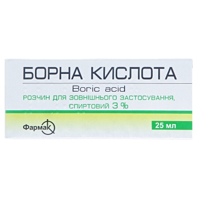 Борна кислота розчин д/зовн. заст., спирт. 3 % по 25 мл у флак.