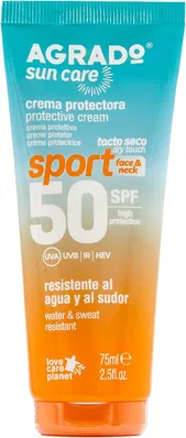 Крем сонцезахисний для обличчя та шиї Agrado Sun Care SPF50 Спорт водо- та потостійкий, 75 мл