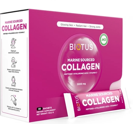 Морской коллаген Biotus Marine Sourced Collagen Peptid+Hyaluronic Acid с гиалуроновой кислотой и витамином С порошок 5000 мг №30 в саше